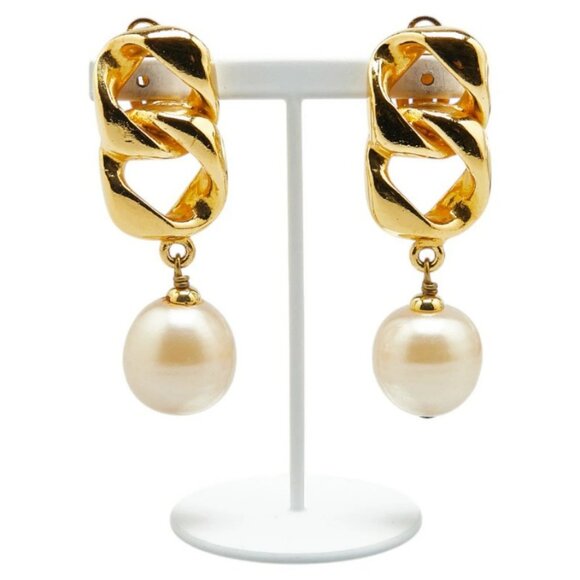 CHANEL Chain Ball Pearl Dangle Clip-On Earrings Gold Tone 93A Auth #7168 - Picture 1 of 5